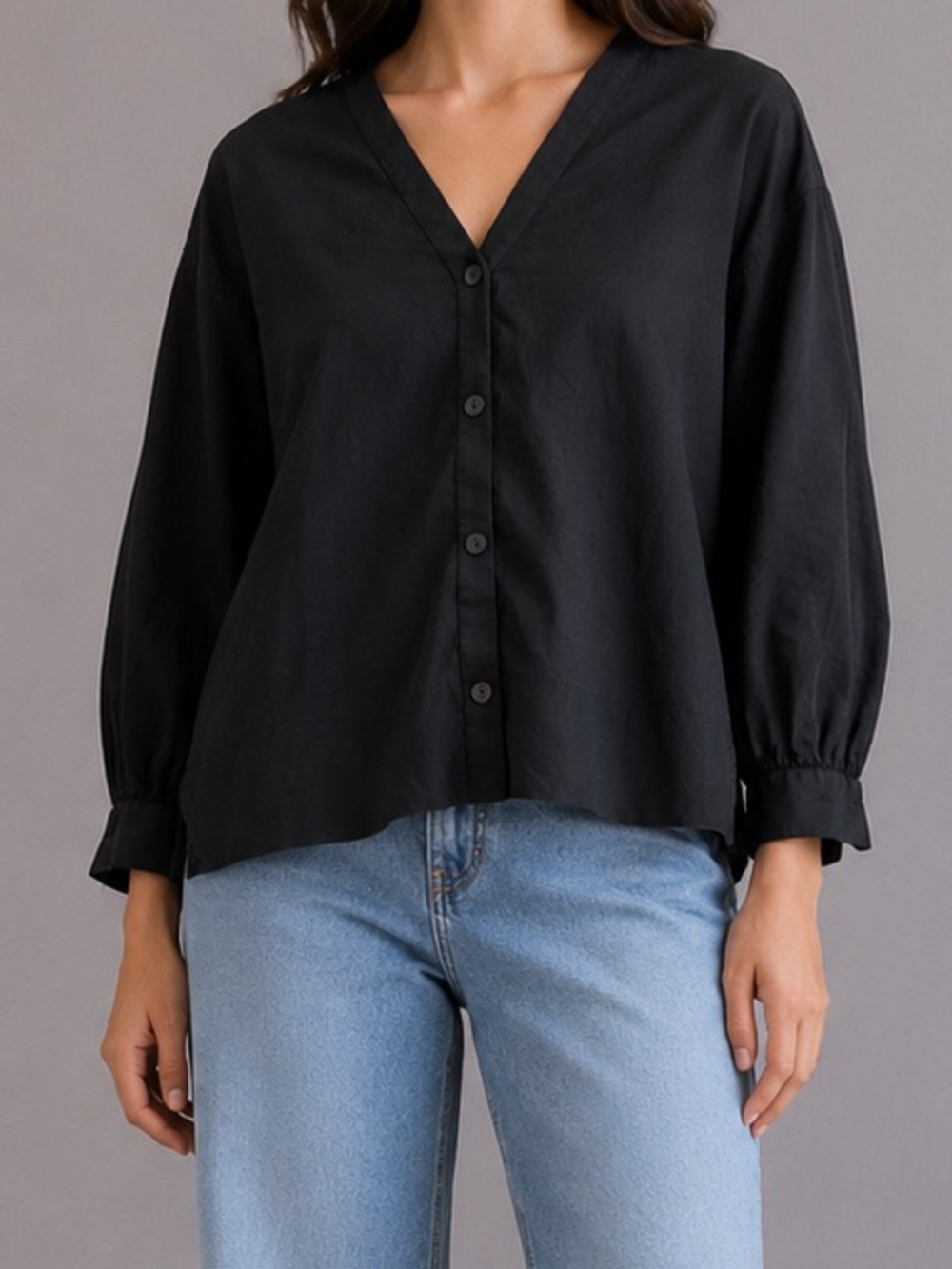 Everlane Black Cotton V Neck Button Front Blouse 0